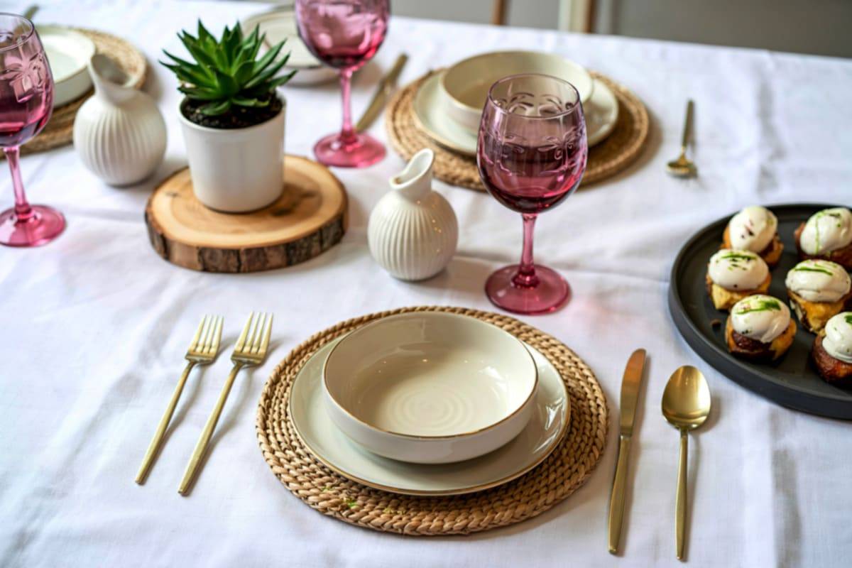 masa amenajata elegant cu detalii rustice si tacamuri aurii
